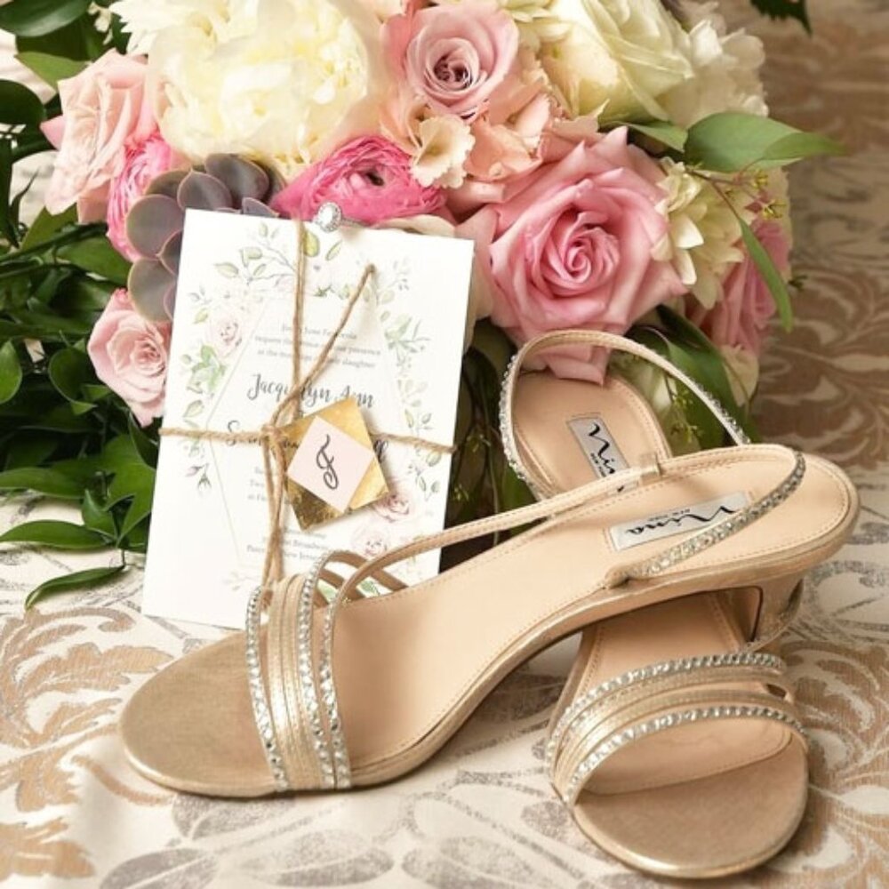 Nina Gerri Strappy Slingback Mid Heels 2.75" Taupe Gold Rhinestone 9.5